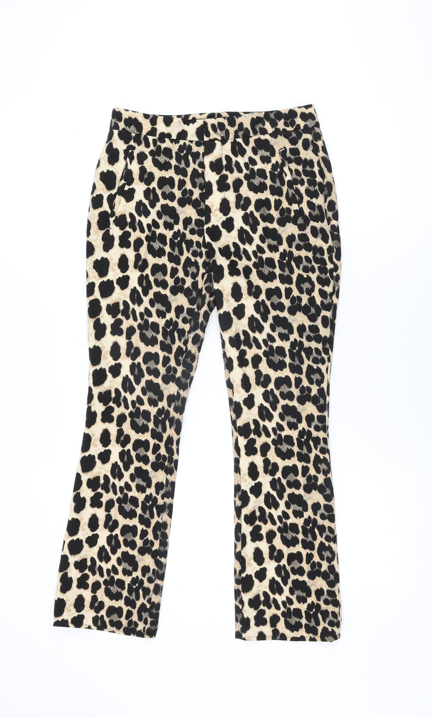 Zara Womens Beige Animal Print Polyester Trousers Size XS L27.5 in Regular Zip