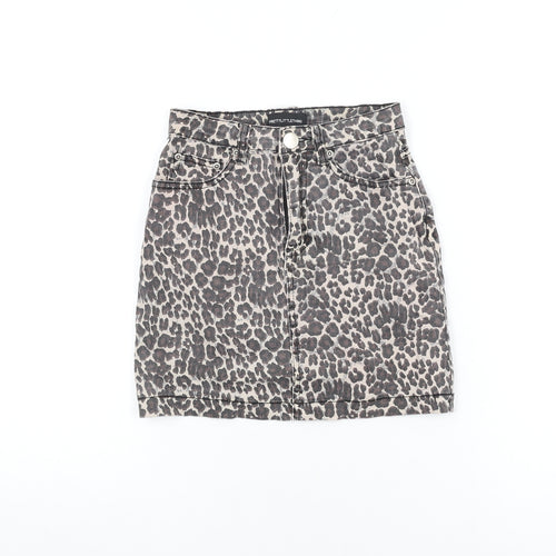 PRETTYLITTLETHING Womens Beige Animal Print Cotton Mini Skirt Size 6 Zip