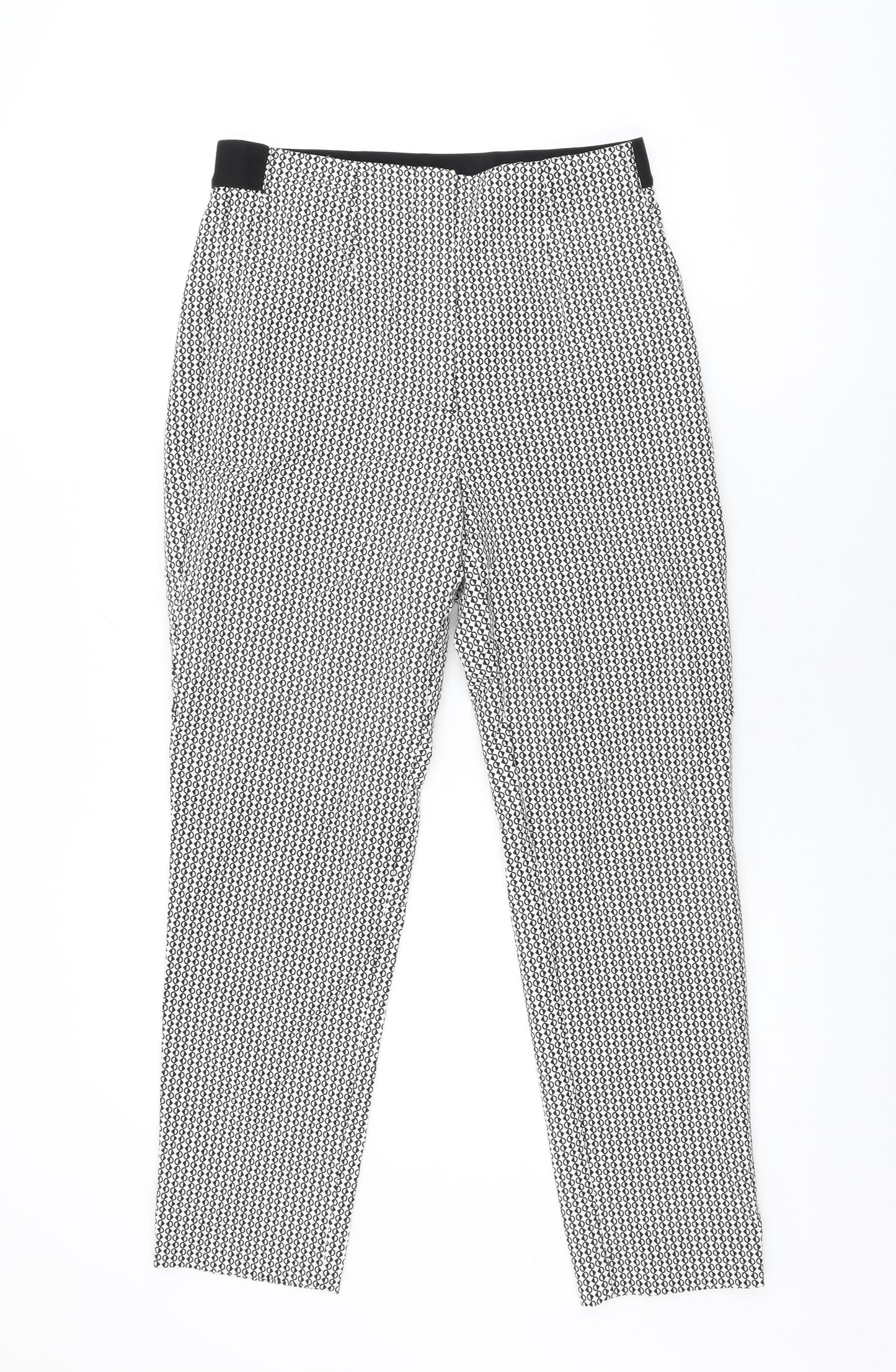 Marks and Spencer Womens White Geometric Cotton Trousers Size 10 L28 in Regular Zip