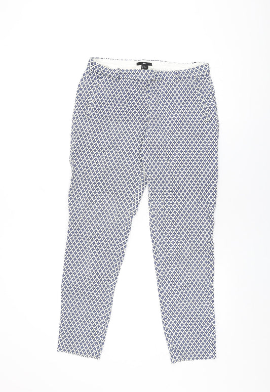 H&M Womens Blue Geometric Cotton Trousers Size 10 L27 in Regular Zip