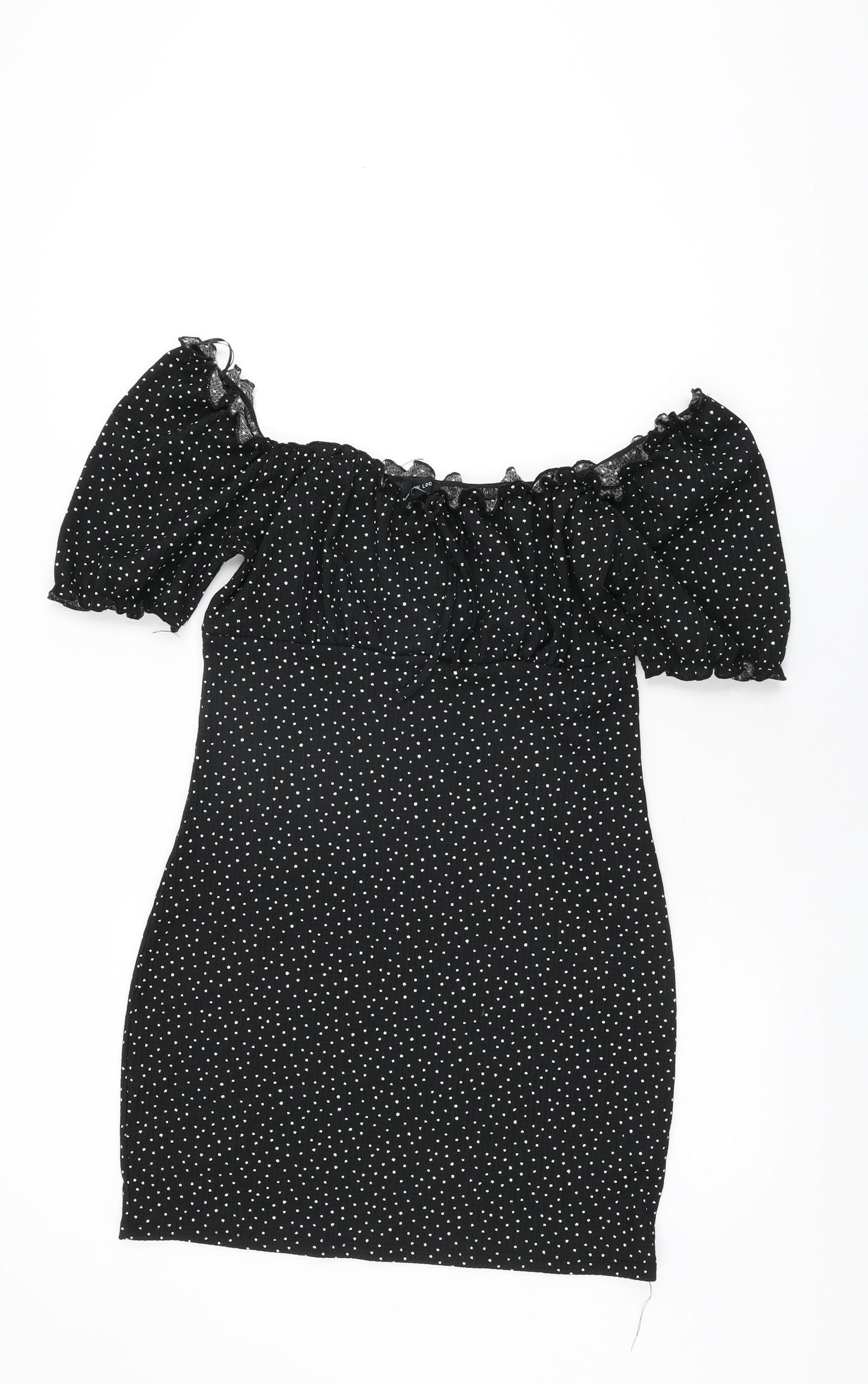 New Look Womens Black Polka Dot Polyester Bodycon Size 14 Off the Shoulder Pullover
