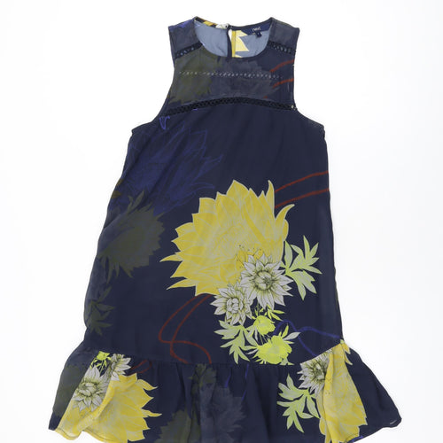 NEXT Womens Blue Floral Polyester Shift Size 6 Round Neck Button
