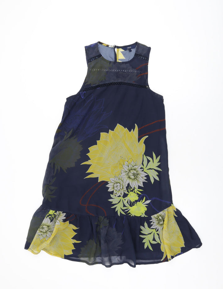 NEXT Womens Blue Floral Polyester Shift Size 6 Round Neck Button