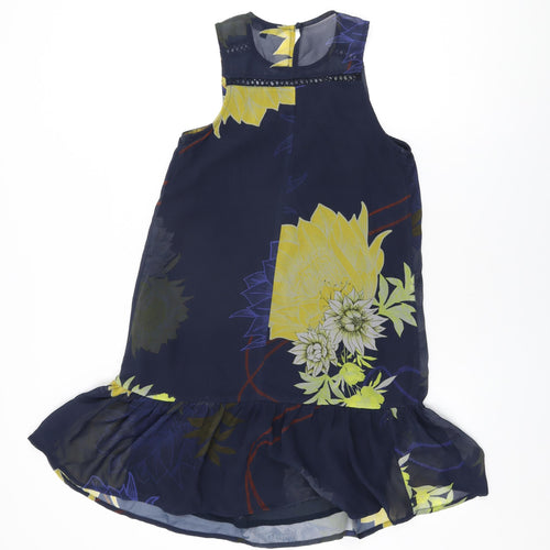 NEXT Womens Blue Floral Polyester Shift Size 6 Round Neck Button