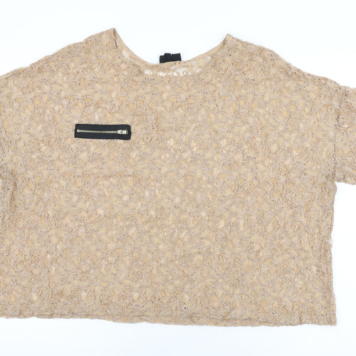 Topshop Womens Beige Floral Polyester Basic T-Shirt Size 16 Round Neck