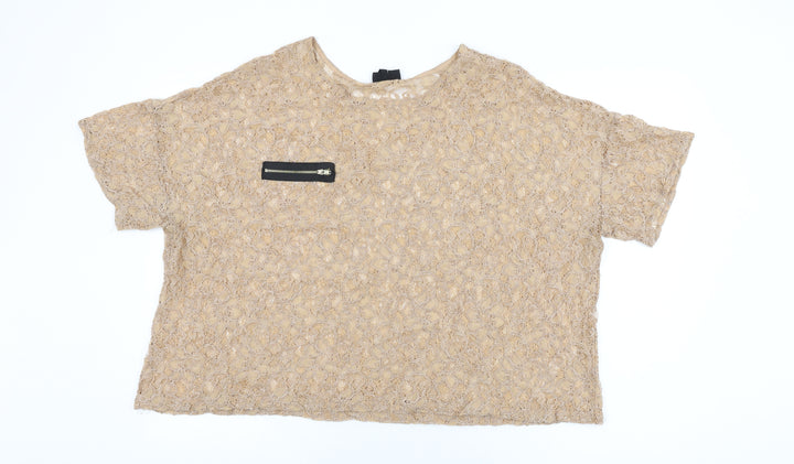 Topshop Womens Beige Floral Polyester Basic T-Shirt Size 16 Round Neck
