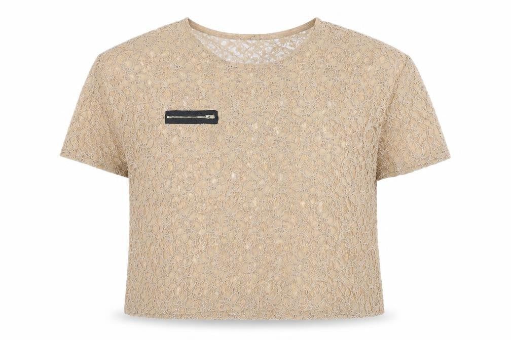 Front view of Topshop women’s beige floral polyester basic t-shirt, size UK 16, round neck