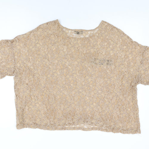 Topshop Womens Beige Floral Polyester Basic T-Shirt Size 16 Round Neck