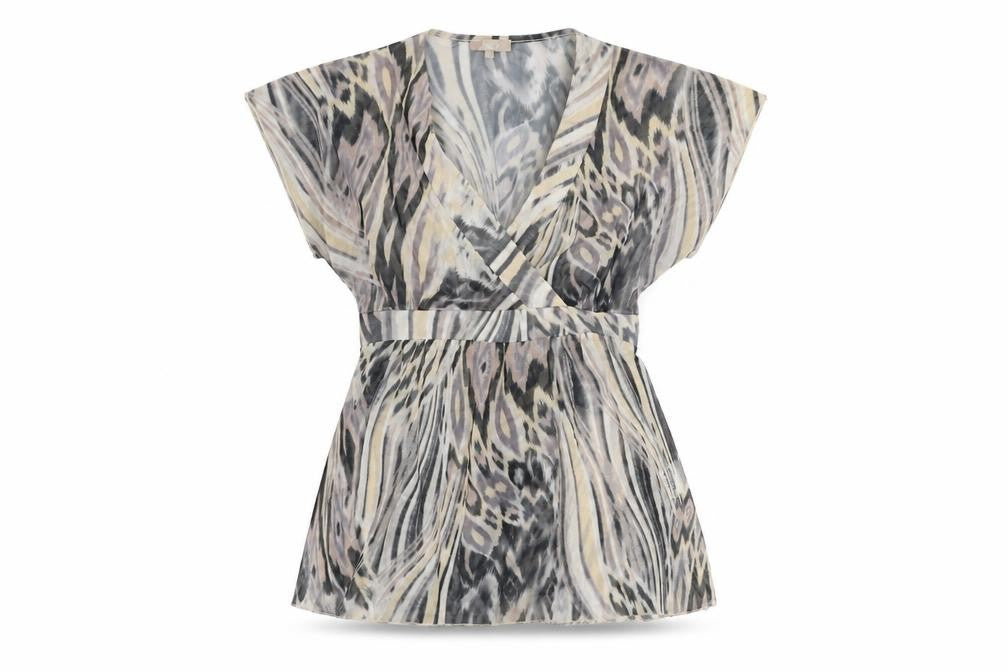 Front view of Soon women’s beige geometric polyester basic t-shirt, size UK 10, v-neck