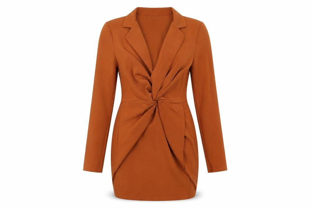 Front view of PRETTYLITTLETHING women’s brown polyester bodycon, size UK 10, collared zip