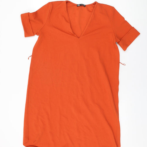 Zara Womens Orange Polyester Shift Size S V-Neck Pullover