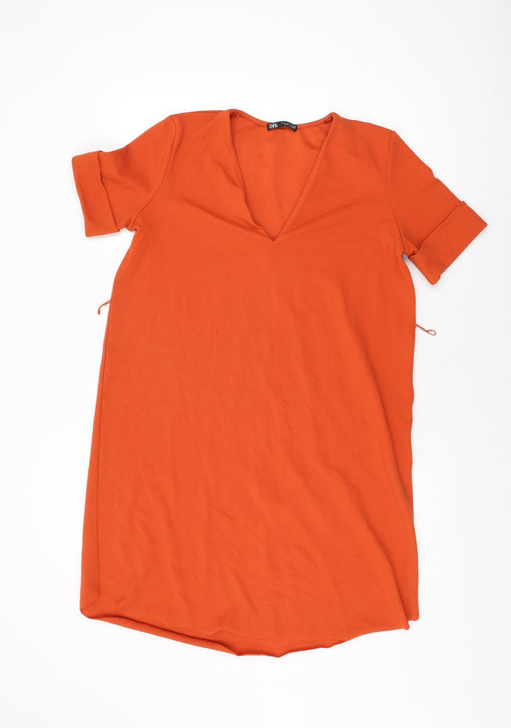 Zara Womens Orange Polyester Shift Size S V-Neck Pullover