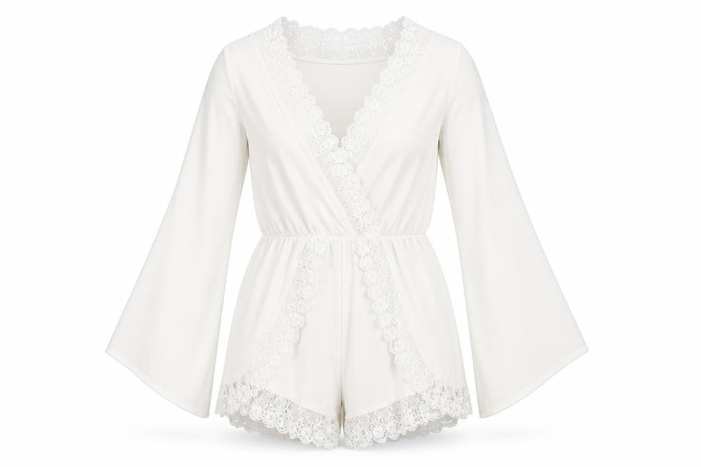 Front view of Boohoo women’s white polyester playsuit one-piece, size UK 6, 3-inch leg pullover