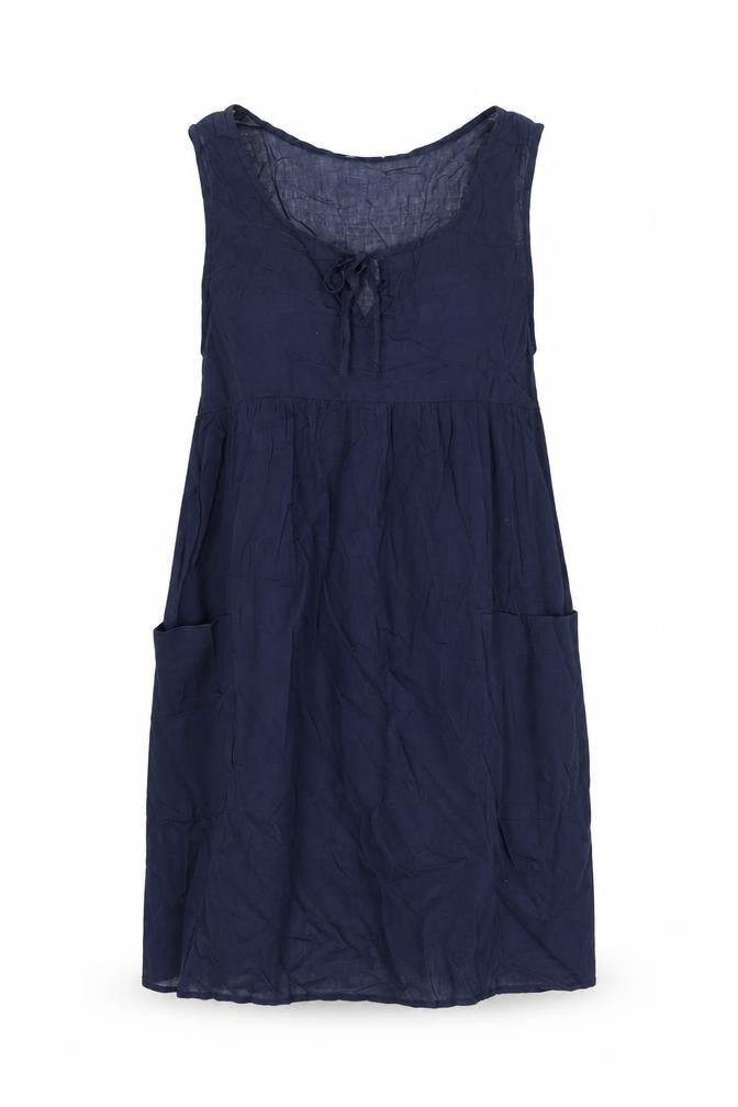 Front view of H&M women’s blue cotton shift, size S, round neck tie