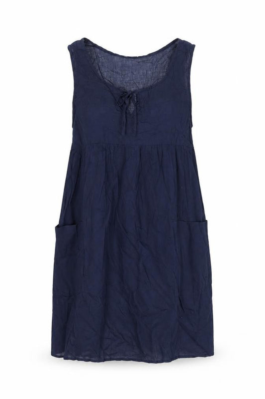 Front view of H&M women’s blue cotton shift, size S, round neck tie