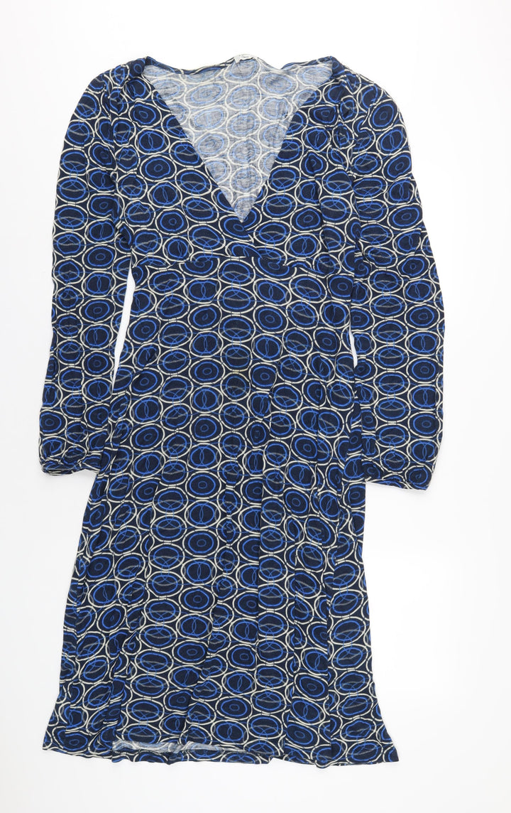 b.young Womens Blue Geometric Viscose A-Line Size L V-Neck Pullover