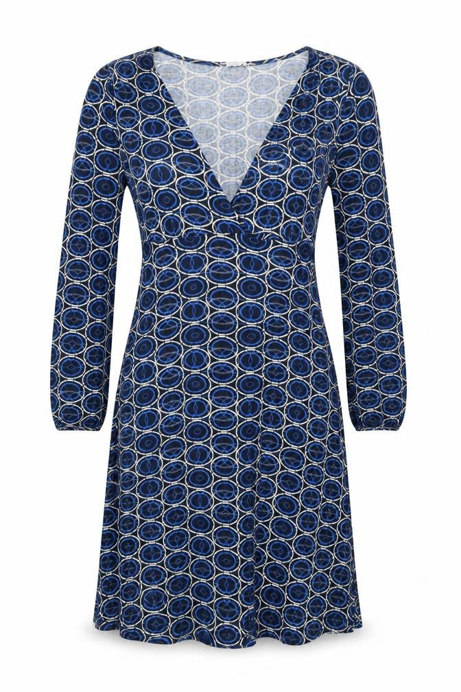 Front view of b.young women’s blue geometric viscose a-line, size L, v-neck pullover