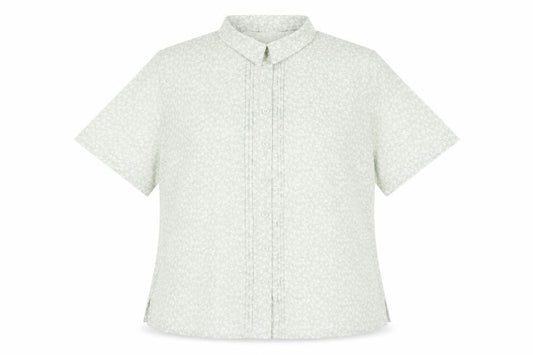 Front view of EWM women’s green floral polyester basic button-up, size UK 12, collared