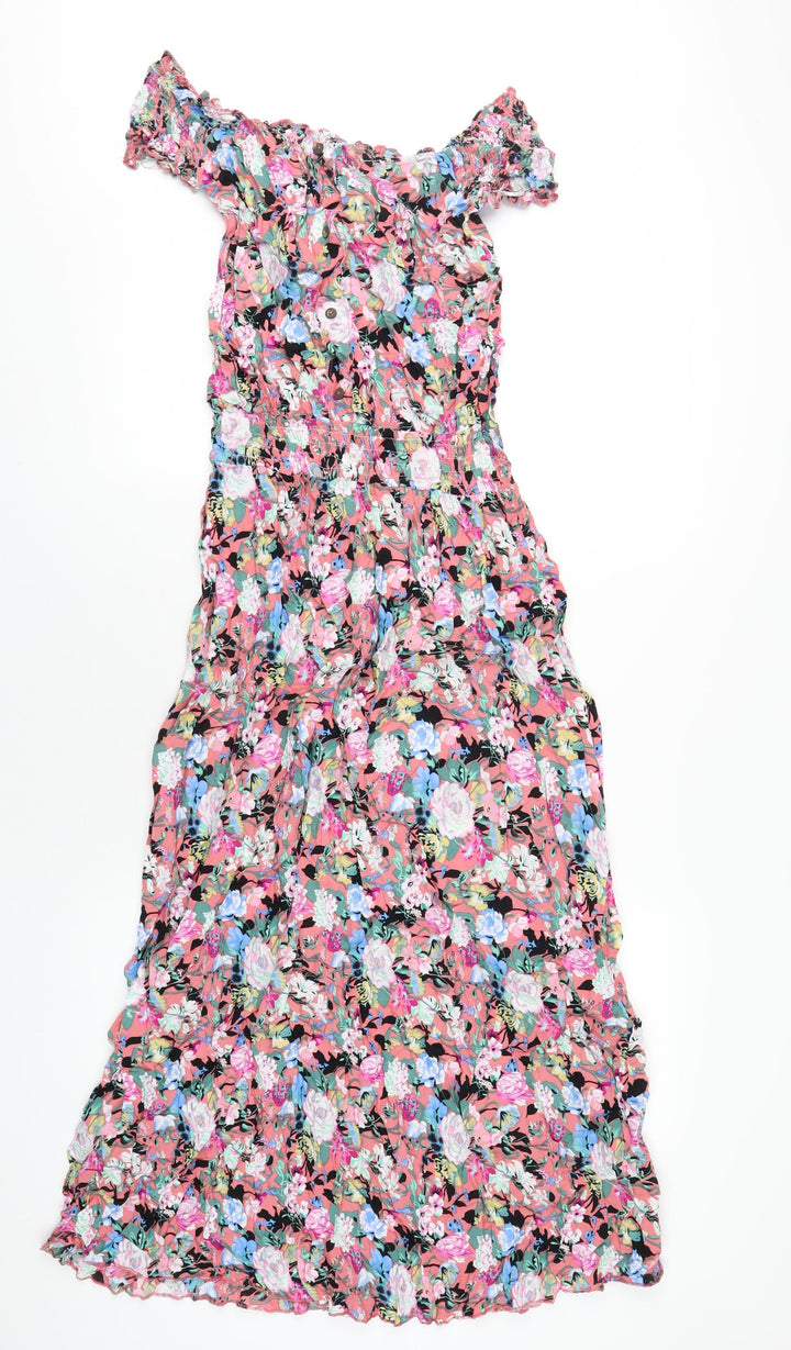 Boohoo Womens Pink Floral Viscose A-Line Size L Off the Shoulder Pullover
