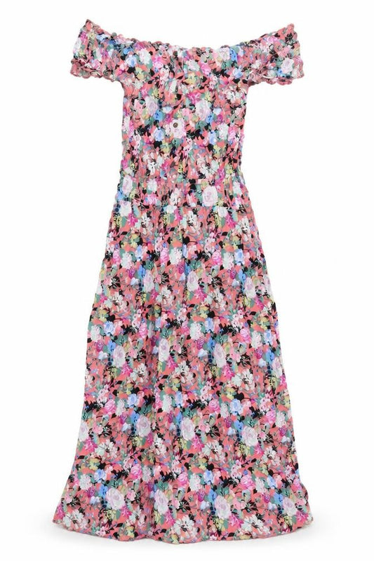 Front view of Boohoo women’s pink floral viscose a-line, size L, off the shoulder pullover