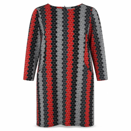 Front view of Alice Collins women’s multicoloured geometric polyester a-line, size UK 18, round neck zip