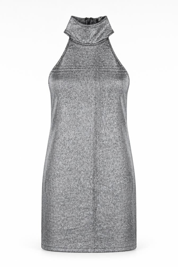 Front view of Motel Rocks women’s silver polyester bodycon, size M, round neck zip