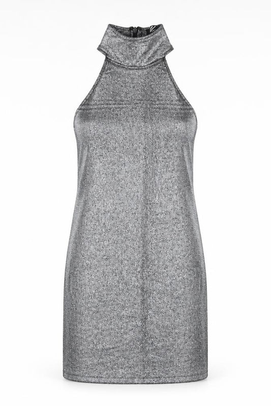 Front view of Motel Rocks women’s silver polyester bodycon, size M, round neck zip