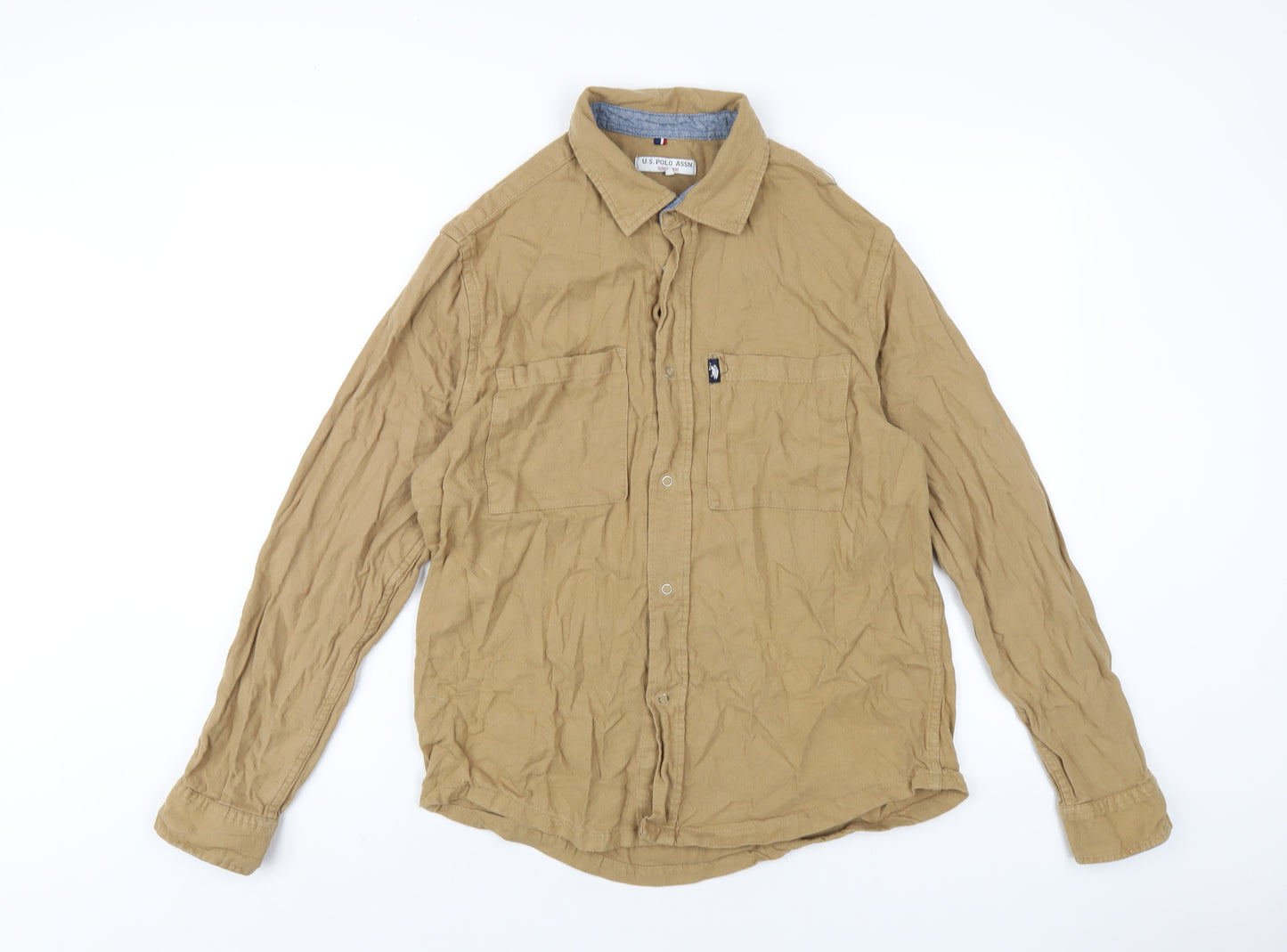 US Polo Assn. Mens Brown Cotton Button-Up Size L Collared Snap