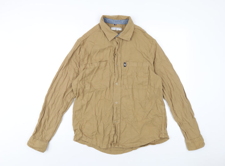 US Polo Assn. Mens Brown Cotton Button-Up Size L Collared Snap