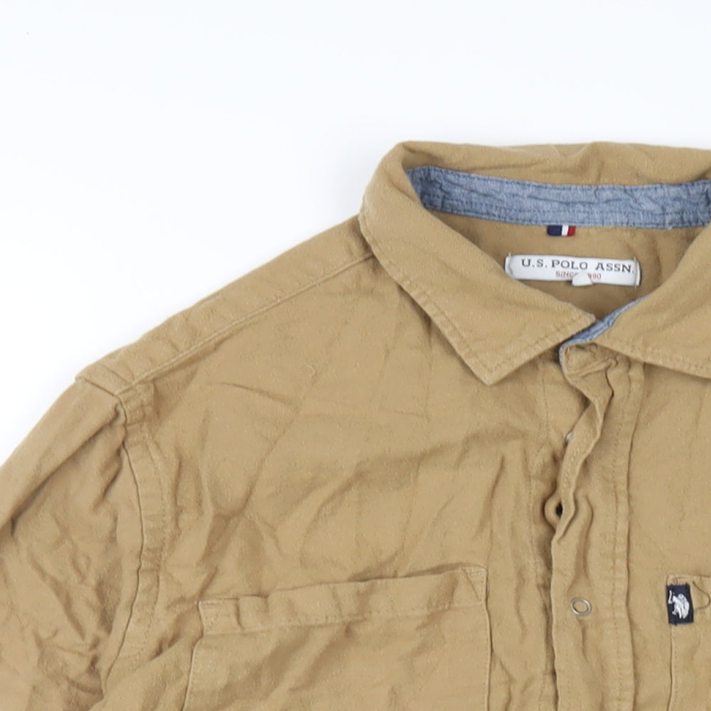 US Polo Assn. Mens Brown Cotton Button-Up Size L Collared Snap