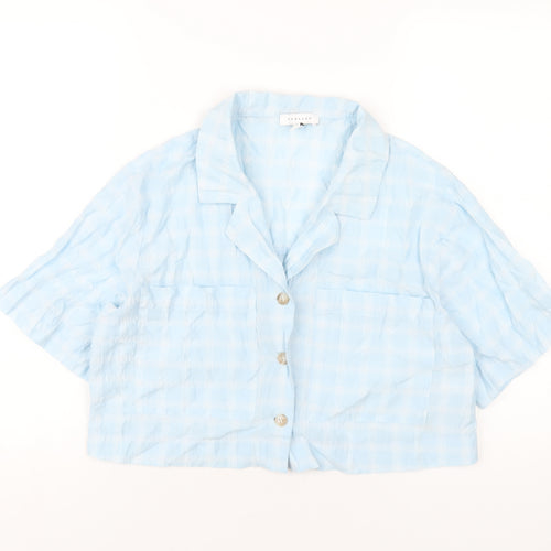 Topshop Womens Blue Plaid Cotton Cropped Button-Up Size 12 Collared