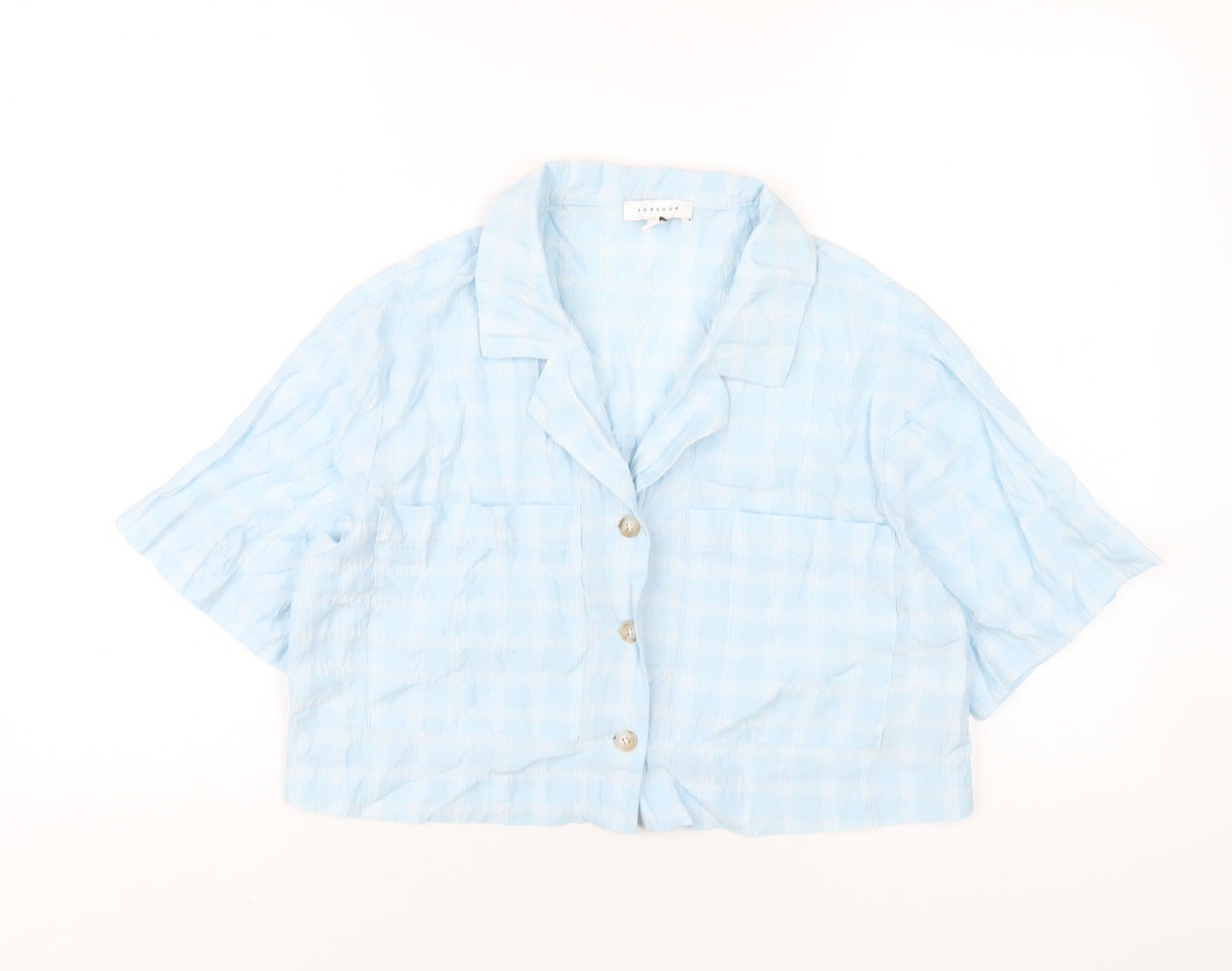 Topshop Womens Blue Plaid Cotton Cropped Button-Up Size 12 Collared