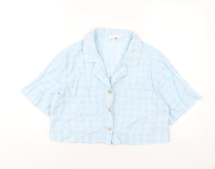 Topshop Womens Blue Plaid Cotton Cropped Button-Up Size 12 Collared