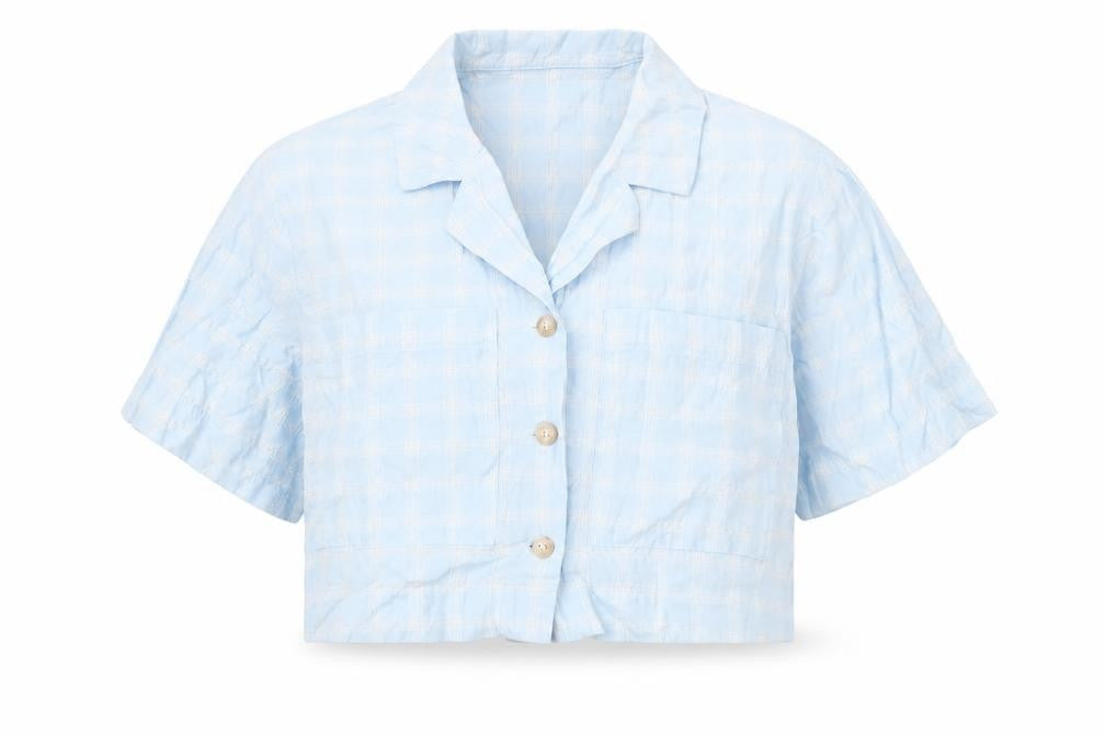 Front view of Topshop women’s blue plaid cotton cropped button-up, size UK 12, collared