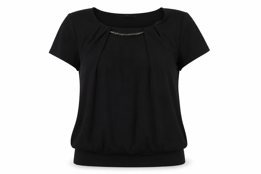 Front view of Bonmarché women’s black polyester basic t-shirt, size UK 12, round neck