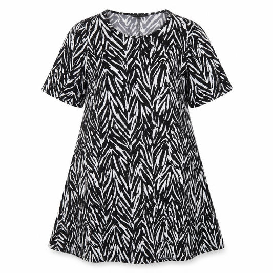 Front view of Capsule women’s black geometric polyester a-line, size UK 16, scoop neck pullover