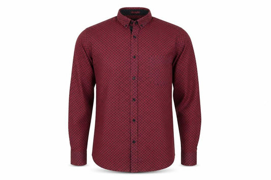 Front view of Burton men’s red geometric cotton button-up, size S, collared button