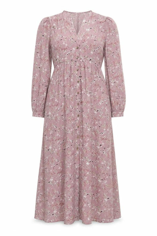 Front view of In the Style women’s pink floral polyester a-line, size UK 10, v-neck button