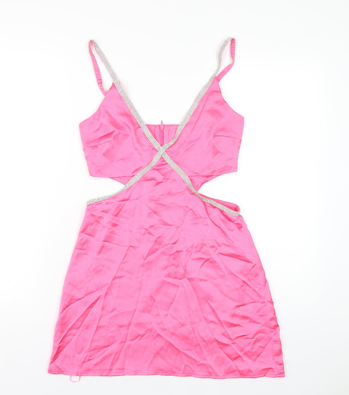 Stradivarius Womens Pink Polyester A-Line Size S V-Neck Zip
