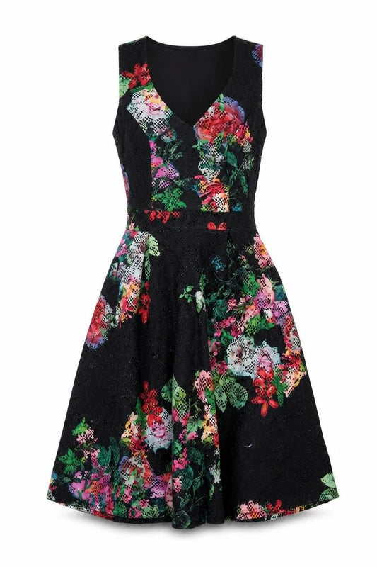 Front view of Red Herring women’s multicoloured floral polyester a-line, size UK 8, v-neck zip
