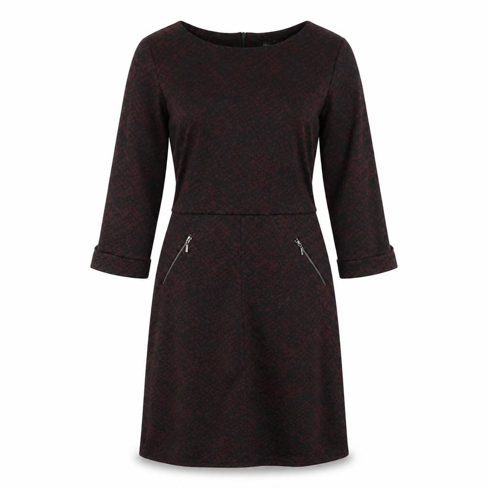 Front view of M&Co women’s red geometric polyester a-line, size UK 12, round neck zip