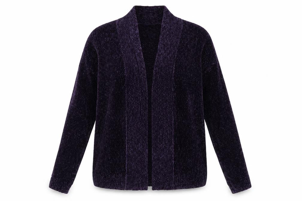 Front view of EWM women’s purple v-neck polyester cardigan jumper, size UK 10