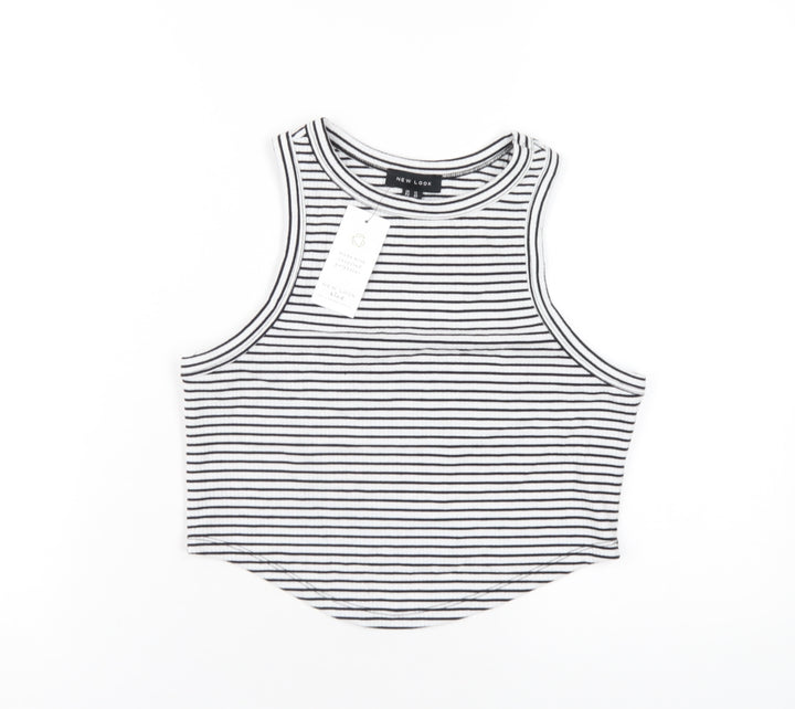 New Look Womens White Striped Polyester Cropped Tank Size 12 Round Neck