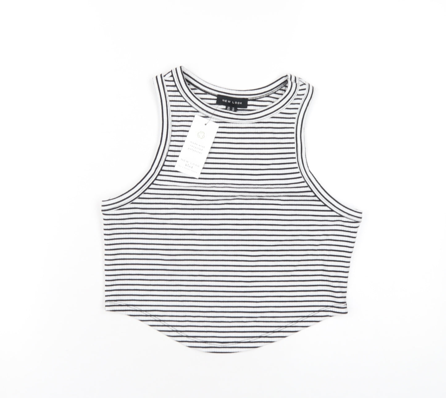 New Look Womens White Striped Polyester Cropped Tank Size 12 Round Neck