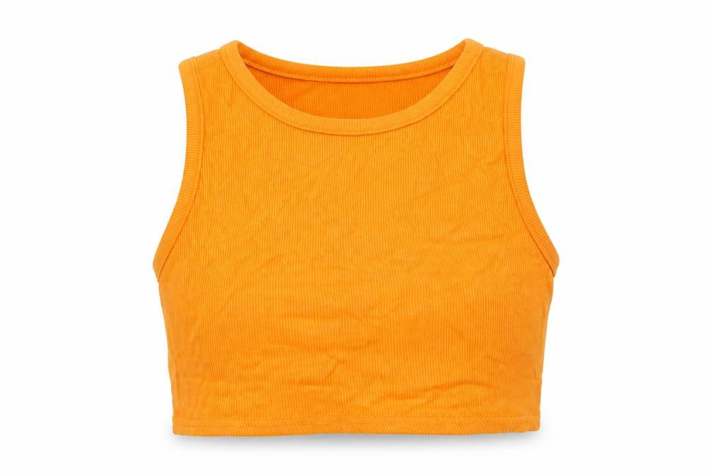 Front view of PRETTYLITTLETHING women’s orange polyester cropped tank, size UK 6, round neck