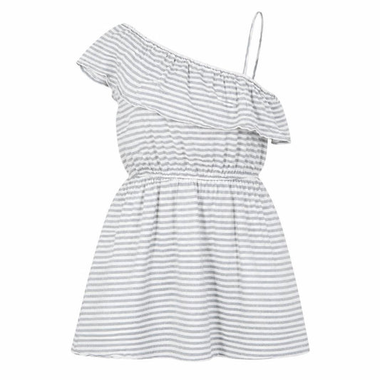Front view of New Look women’s grey striped cotton a-line, size UK 14, one shoulder pullover