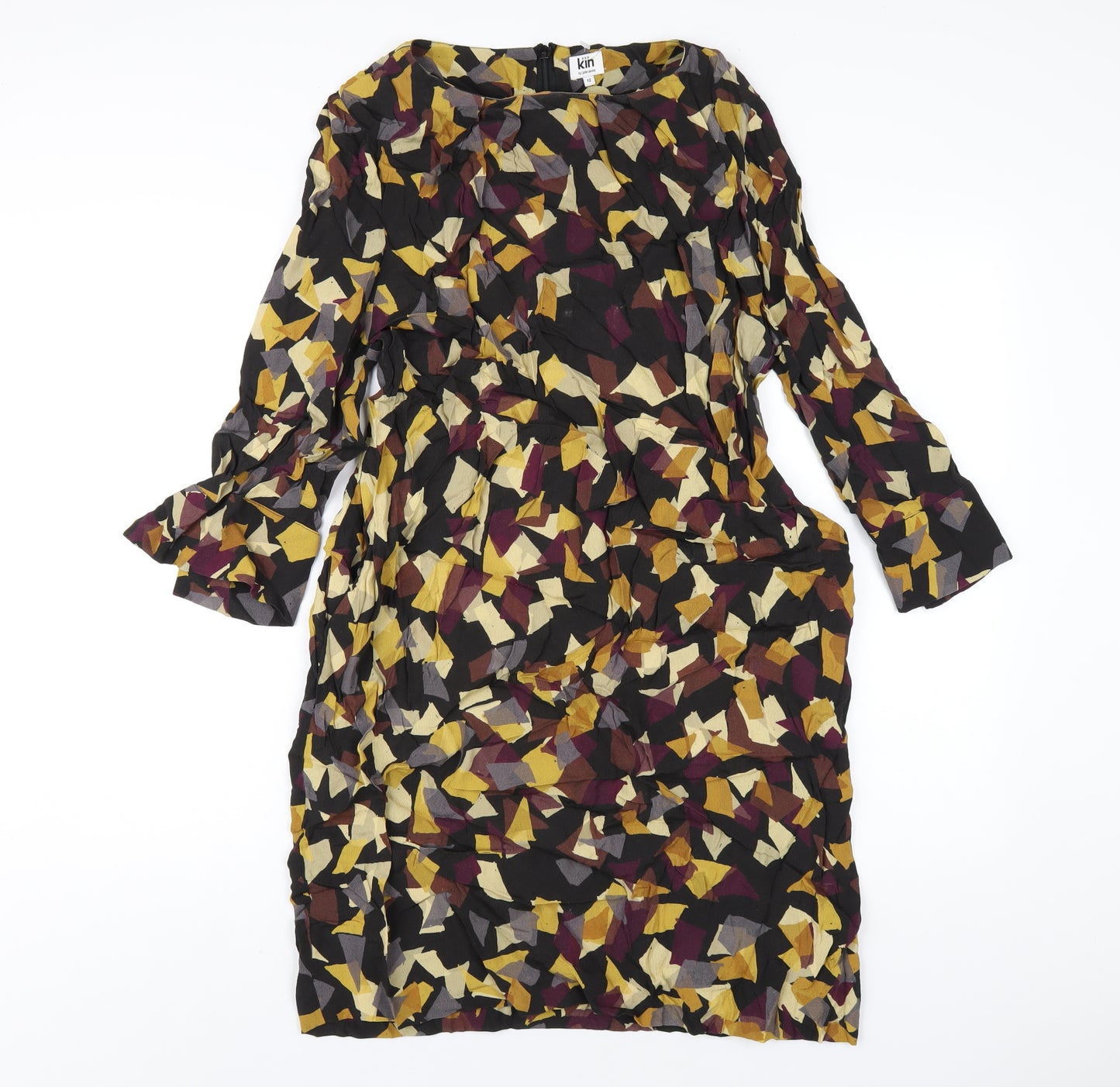 John Lewis Womens Multicoloured Geometric Viscose A-Line Size 12 Round Neck Zip