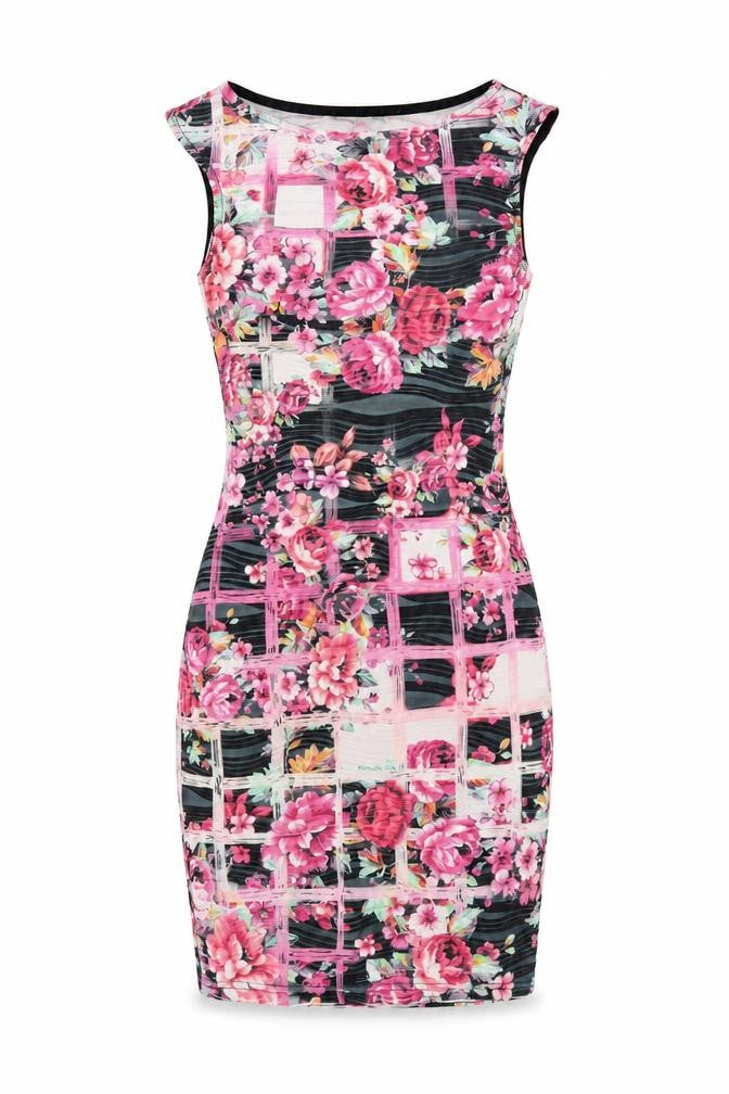 Front view of Lipsy women’s multicoloured geometric polyester bodycon, size UK 8, round neck pullover