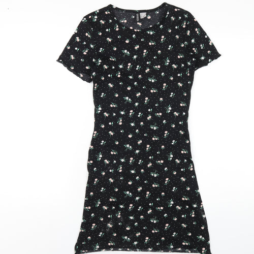 H&M Womens Black Floral Polyester Bodycon Size S Round Neck Pullover