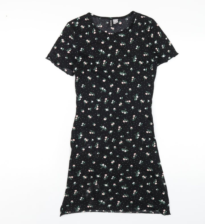 H&M Womens Black Floral Polyester Bodycon Size S Round Neck Pullover